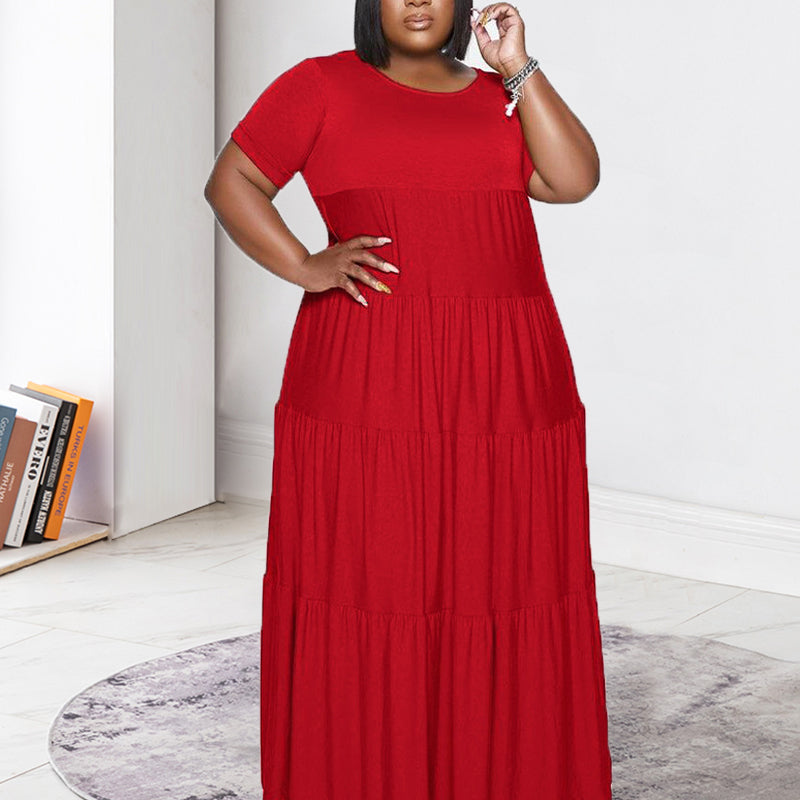 Plus Size Ruffle Round Neck Ruched Maxi Dress