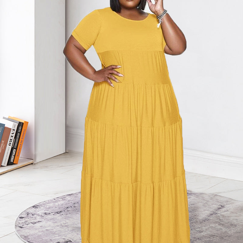 Plus Size Ruffle Round Neck Ruched Maxi Dress