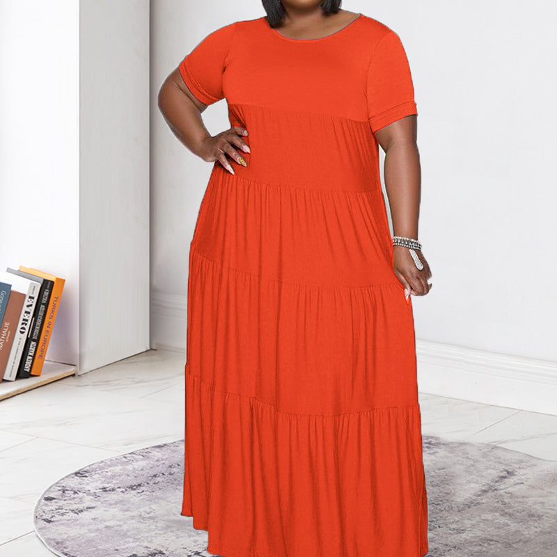 Plus Size Ruffle Round Neck Ruched Maxi Dress