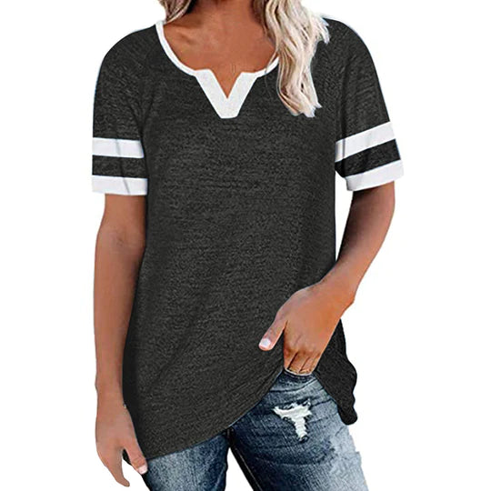 Colorblock V-Neck Short Sleeve Casual T-Shirt