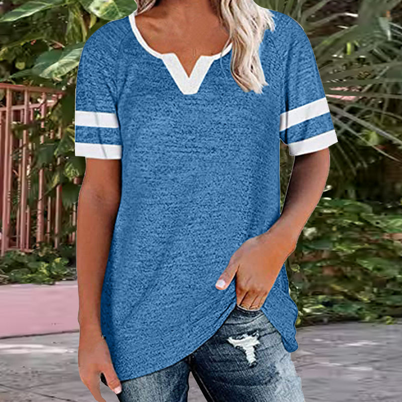 Colorblock V-Neck Short Sleeve Casual T-Shirt