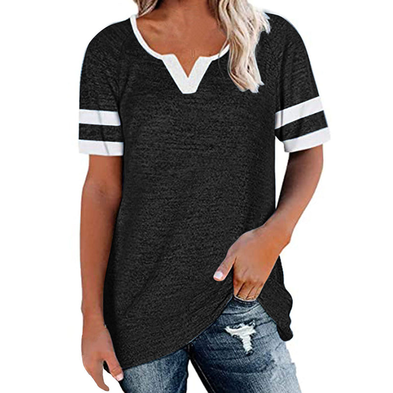 Colorblock V-Neck Short Sleeve Casual T-Shirt