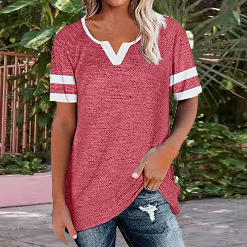 Colorblock V-Neck Short Sleeve Casual T-Shirt