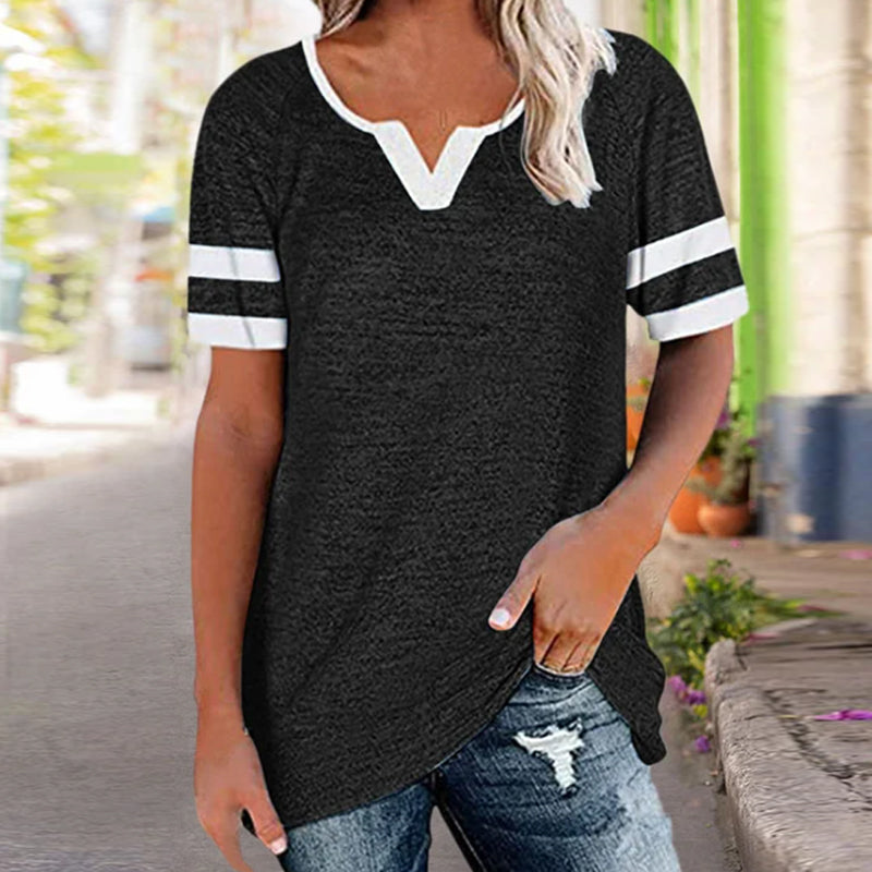 Colorblock V-Neck Short Sleeve Casual T-Shirt