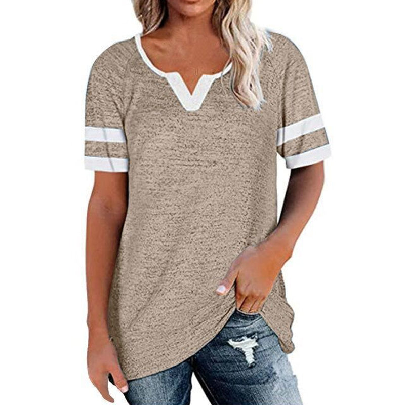 Colorblock V-Neck Short Sleeve Casual T-Shirt