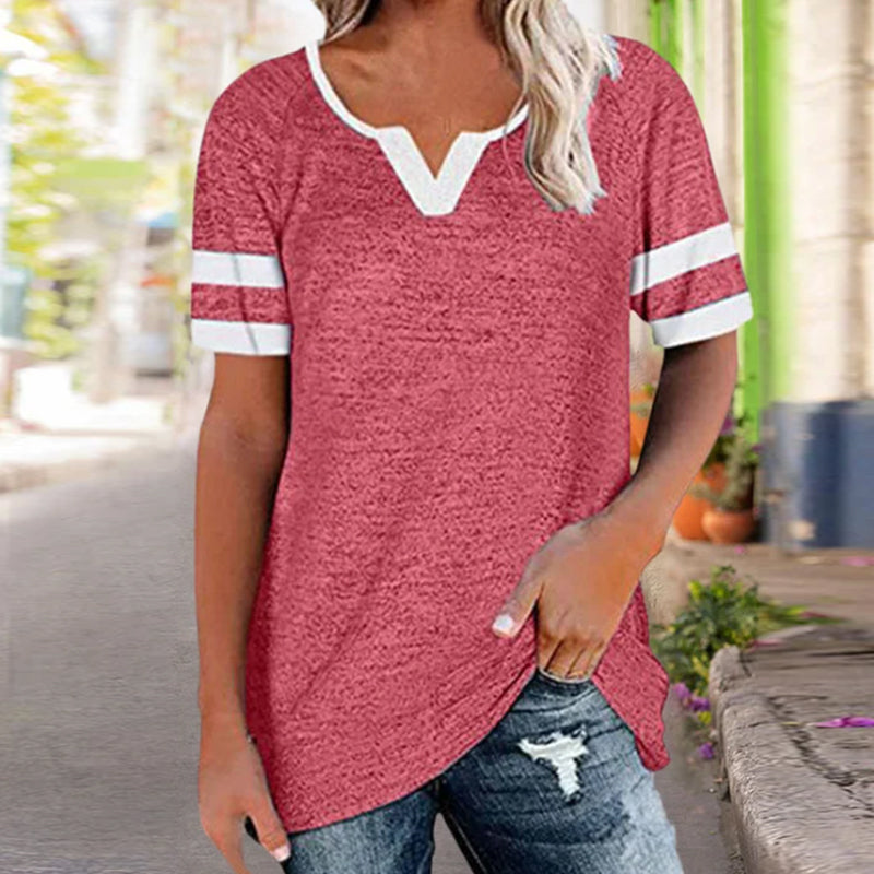 Colorblock V-Neck Short Sleeve Casual T-Shirt