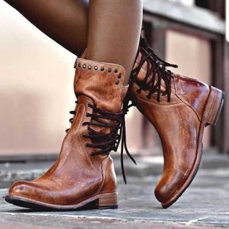 Solid back lace up thick heel riding boots