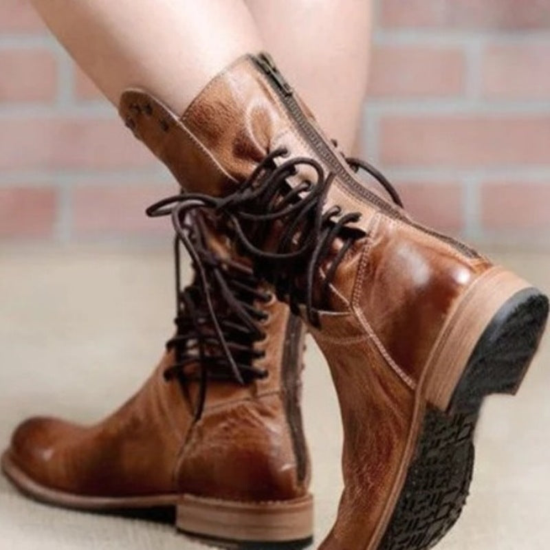 Solid back lace up thick heel riding boots
