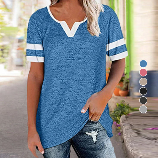 Colorblock V-Neck Short Sleeve Casual T-Shirt