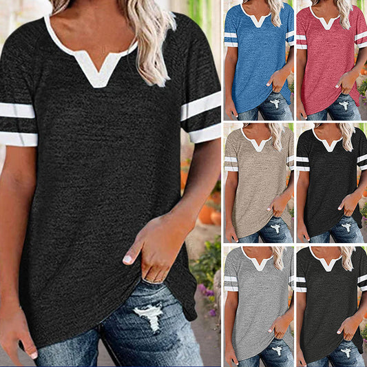 Colorblock V-Neck Short Sleeve Casual T-Shirt
