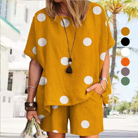 Dot Print Half Sleeve Elastic Waist Suit For Women