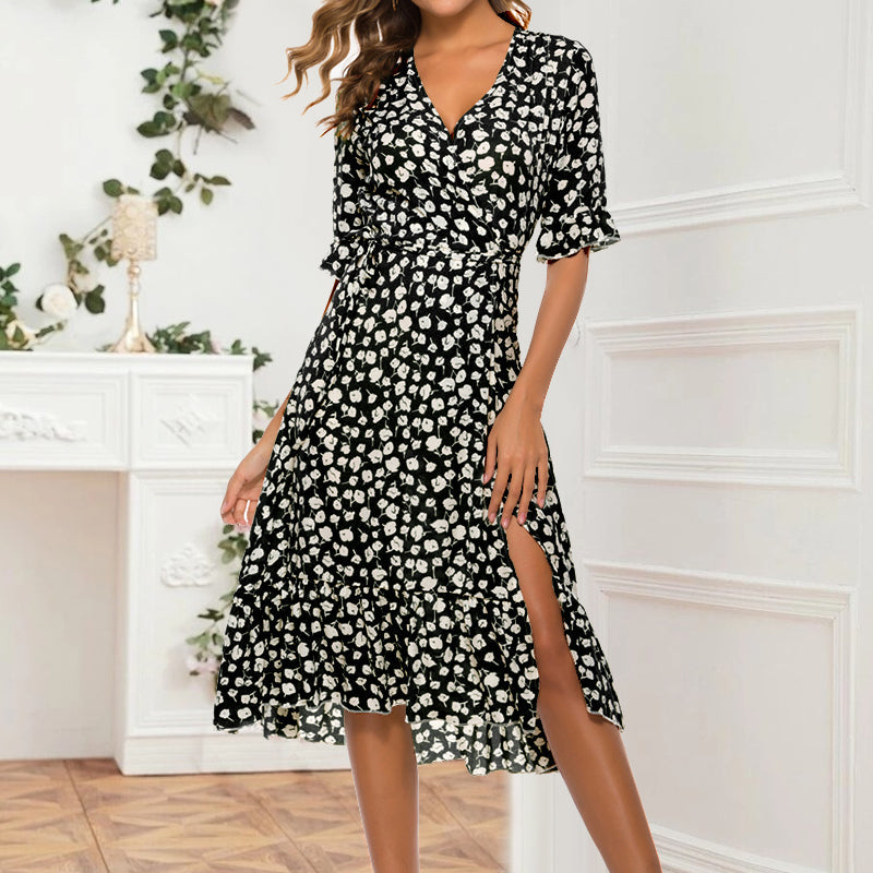 Flutter Sleeve Floral Split Dress